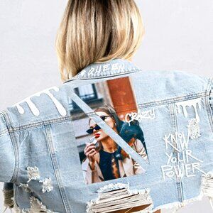 KNOW YOUR POWER DENIM FRAYED CROP JACKET
